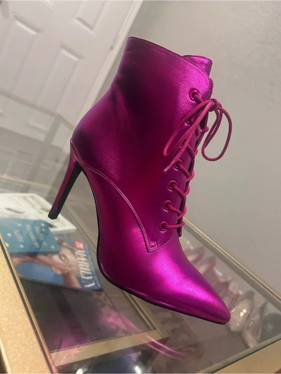 Metallic Fuchsia Lace-Up Pointed Ankle Boot