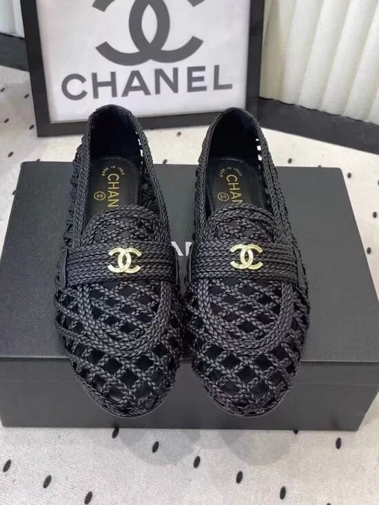 Chanel Black Woven Mesh CC Logo Flat Loafers
