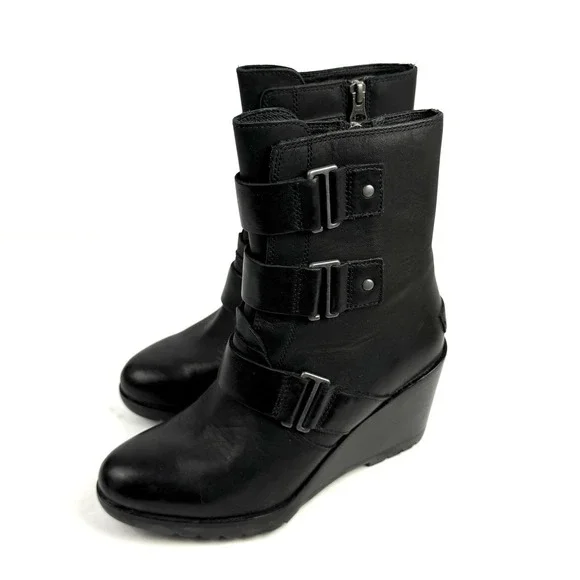 Sorel After Hours Wedge Bootie 7.5 Black Leather Zip Up Buckle Womens Boots