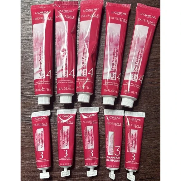 5 Each L'Oréal Excellence Caring Deep Conditioner #4 1.86 oz & #3 Shampoo Tubes