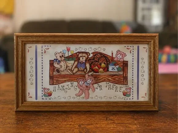 Vintage Teddy Bear Hang In There Framed Wall Art Wood Frame Nursery Cottage Deco