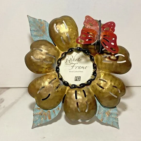 VTG Figi Hammered Hand Crafted Metal 3D Butterfly Flower Picture Frame 3x3 Photo