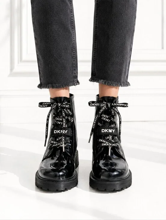 DKNY Black Patent Combat Boots Size 38 Lug Sole Lace Up Ankle Boots
