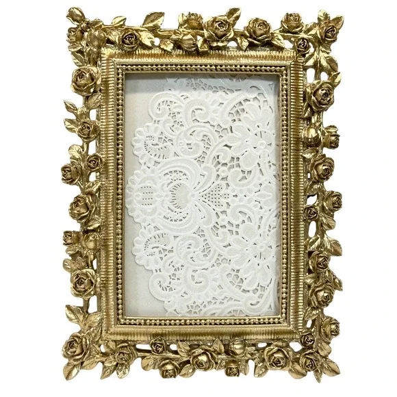 Vtg Gold Rose Picture Frame 4x6 Ornate Resin Floral Hollywood Regency Table/Wall
