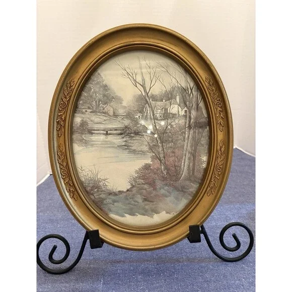 Two Vintage HomCo Gold Tone Oval Framed Prints by Artist F. Massa