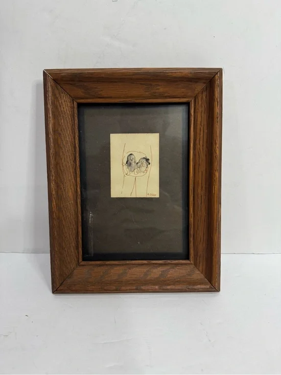 Vintage Wide Oak Wood Frame with Thumb Print Babies Illustration Art