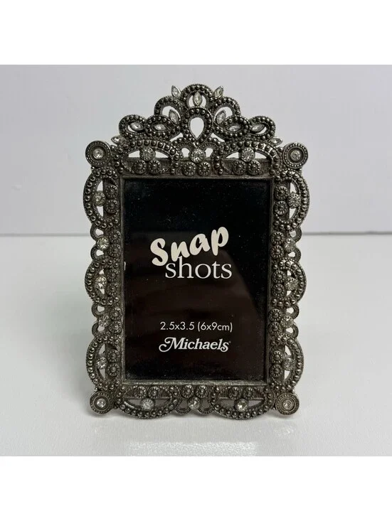 Vintage MICHAELS Silvertone Metal Rhinestone Photo Frame Holds 2.5X3.5