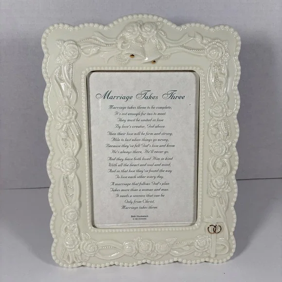 Dicksons Ceramic Wedding Picture Frame Cream Gold Floral Cross Bells Gift