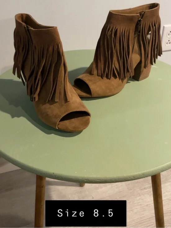 Fringe Peep-Toe Block Heel Ankle Boots - Brown