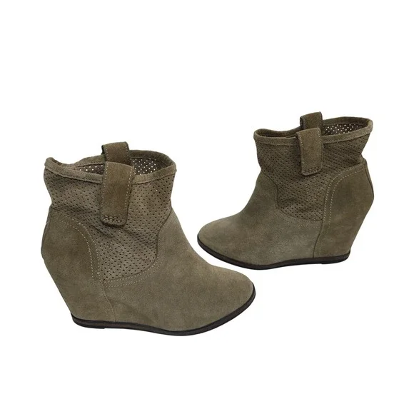 Sole Society Womens Olive Green Perforated Suede Hidden Wedge Ankle‎ Boots