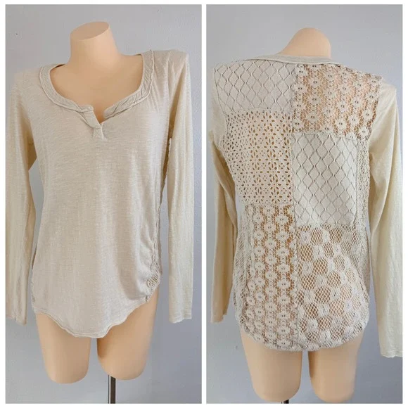 Boho Free People Cream Crochet Patchwork Back Slub Knit Henley Top Size M