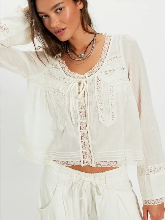 Free People Ivory Lace-Trim Tie Front Blouse