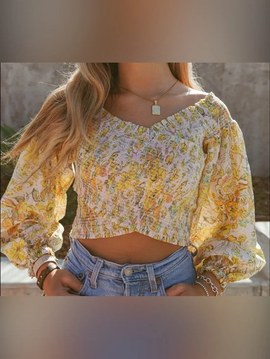 Free People East To West Floral Smock Crop Top Cottage Stretch Peasant Boho Sz M