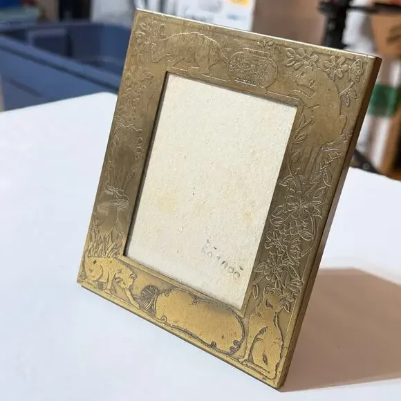 Vintage M.W. Carr Brass Cat Picture Frame 5x6 Embossed Mushroom Hummingbird Fish