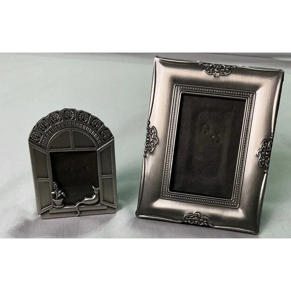 Vintage Metal Mini Picture Frames Lot of 2 Cat Window & Ornate Rectangle 2x3