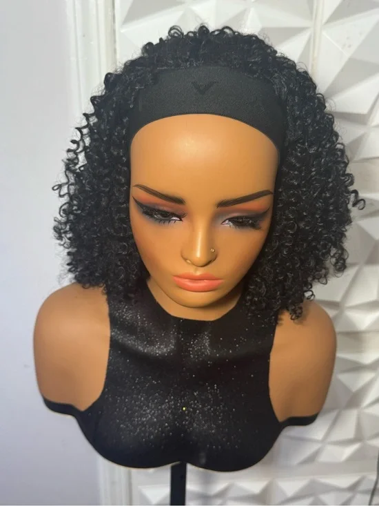 Black Curly Headband Wig Synthetic Blend Glueless Everyday Wear 12 Inch