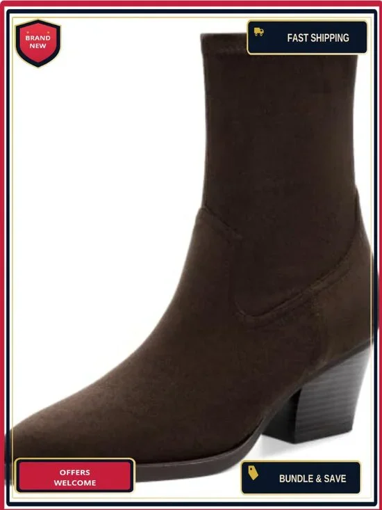 Pointed Toe Chunky Heel Ankle Boots Women Side Zipper Stretch Faux Suede