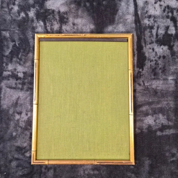 Vintage Magnetic Bulletin Board Faux Bamboo Gold Frame Green Fabric Retro MCM