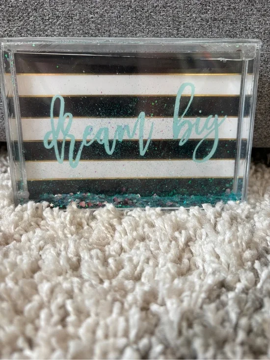 Dream Big Glitter Block Picture Frame - Teal Script on Black & White Stripes