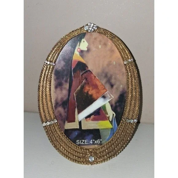 Gold Tone Rhinestone Oval 4x6 Picture Frame Tabletop or Wall Decor