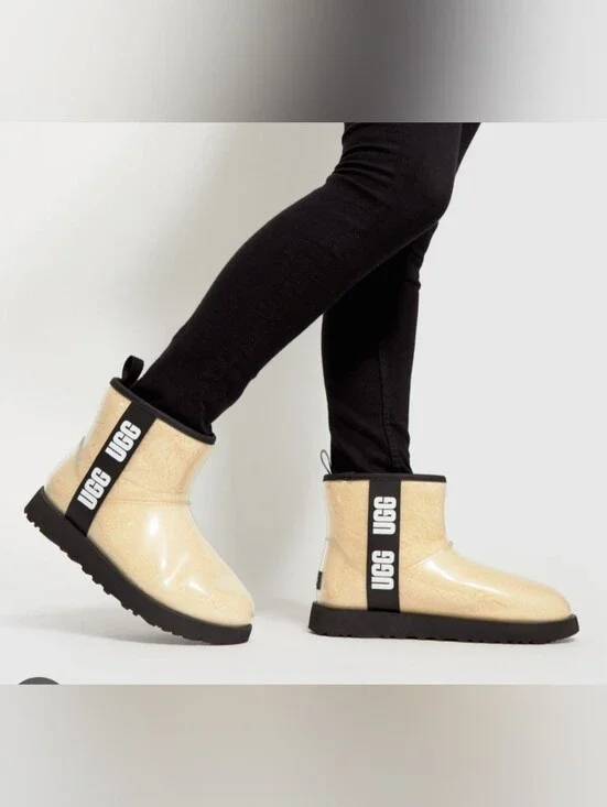 UGG Women's Short Rain Boot in Cream with Black Trim Outdoors Y2K Cottagecore