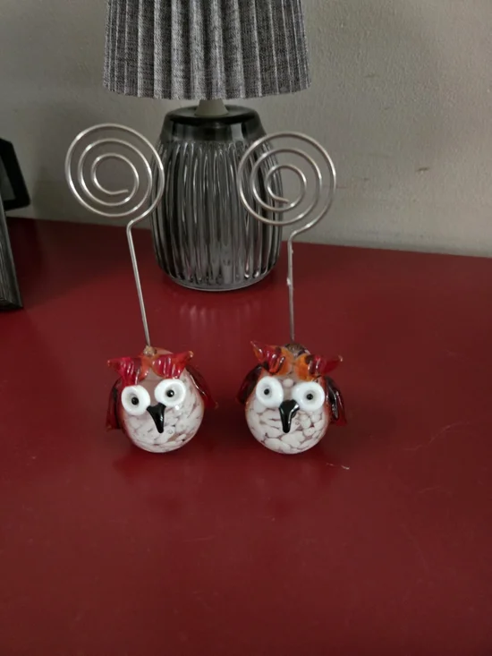 Who Loves Owls? Glass Owl Card/Picture Holders - Red and Orange Accents (Pair)