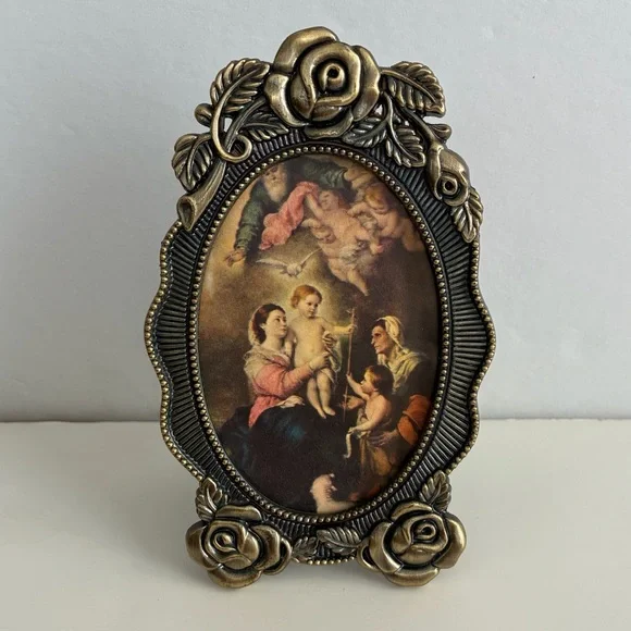 Vintage Ornate Rose Oval Picture Frame Bronze Tone 3x4.5