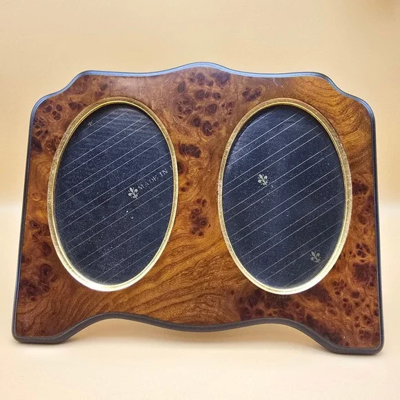 Vintage Selli Florence Burl‎ Wood Double Picture Frame Made in Italy Oval 2.75x4