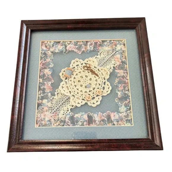 VTG Victorian Framed Doily Thread & Buttons Sewing Room Picture Handmade Lace