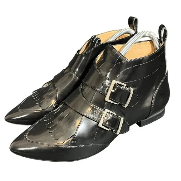 IRO Nixy Boot Patent Leather Moto Black Shoe Double Buckle Womens Size 37 US 6.5