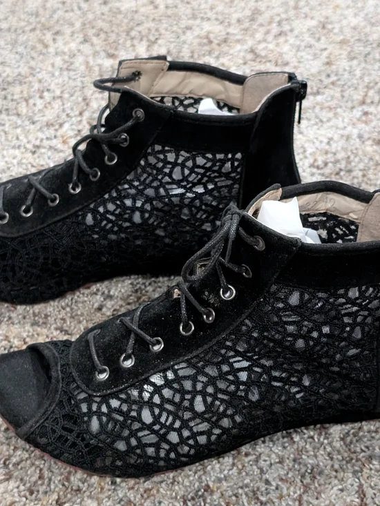 Black Lace Peep-Toe Lace-Up Ankle Boots