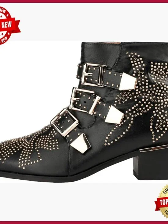 Leather Ankle Boots Studded Buckle Chunky Heel Zipper Punk Booties