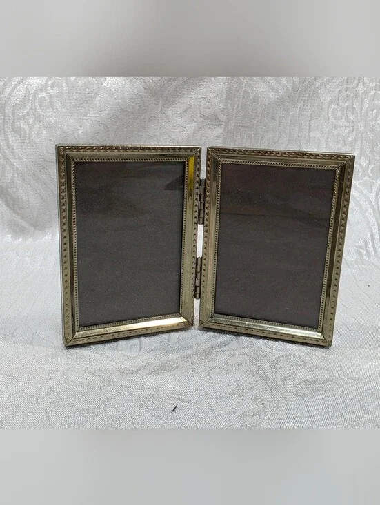 VTG MCM STANDING GOLD METAL TWO PHOTO HINGED FRAME