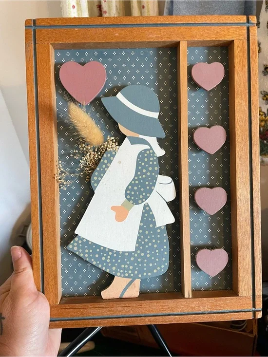 Wooden Cottage Core Girl Wall Art Shadow Box with Pink Hearts