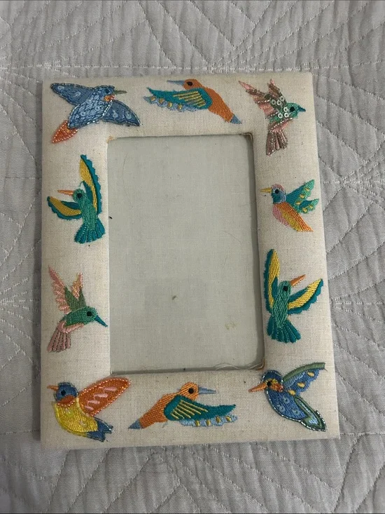 Hand-Embroidered Hummingbird Linen Picture Frame - Multicolor