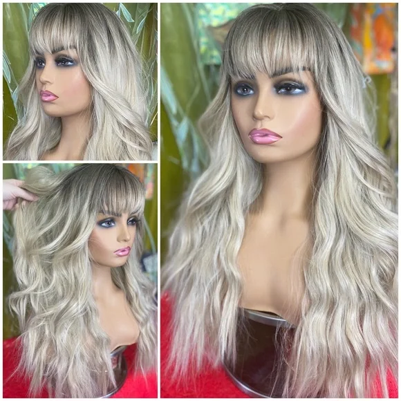 Long Wavy Blonde Ombre Wig with Fringe - Natural-Look Hairpiece