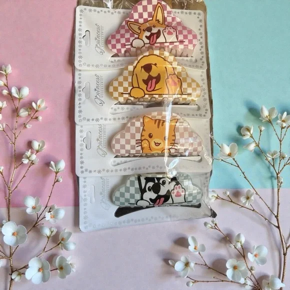 Patterned Hair Clips Set - Pink, Yellow, Gray