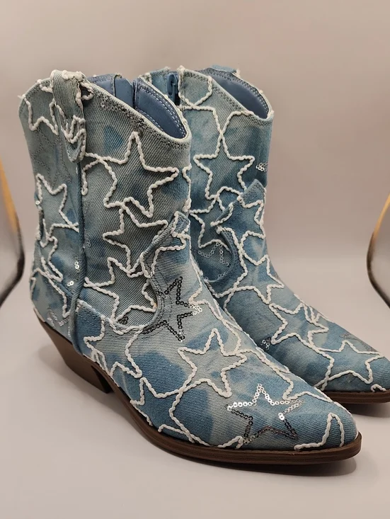 No Boundaries Light Blue Star Denim Cowboy Ankle Boots