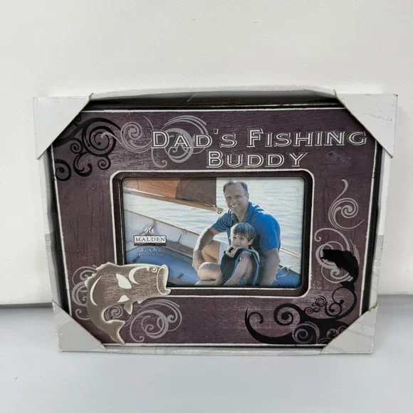 Malden Dads Fishing Buddy 4x6 Photo Frame Brown Wood Look Rustic Bass Fish Gift