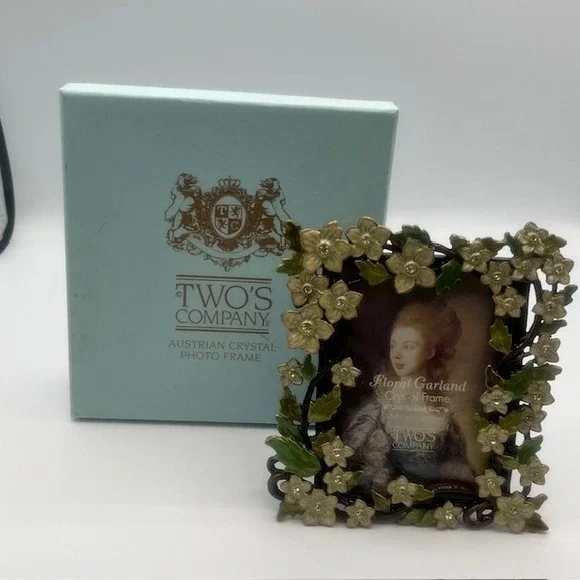 Twos Company Floral Garland Austrian Crystal Photo Frame 3x4 Enameled Bronze