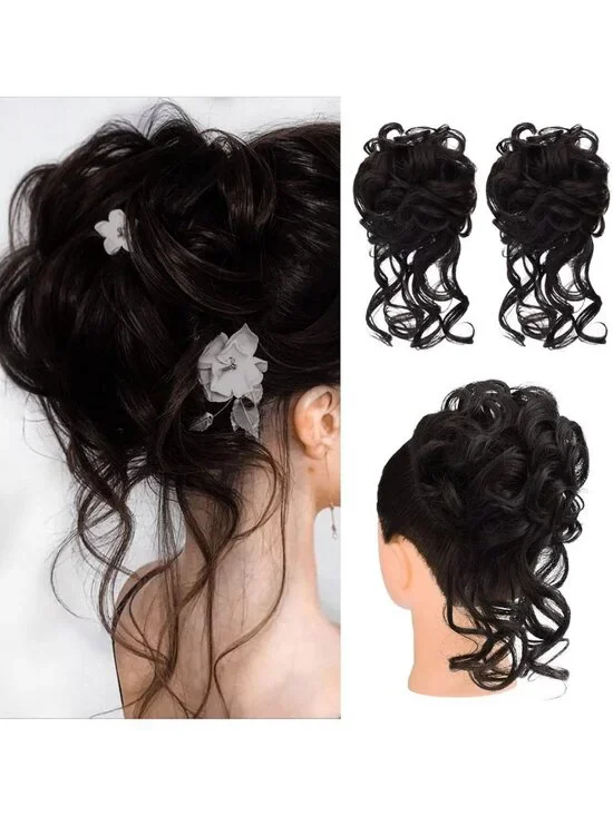 Messy Bun Hair Piece Set - 2PCS Tousled Updo Extensions, Wavy Curly Ponytail