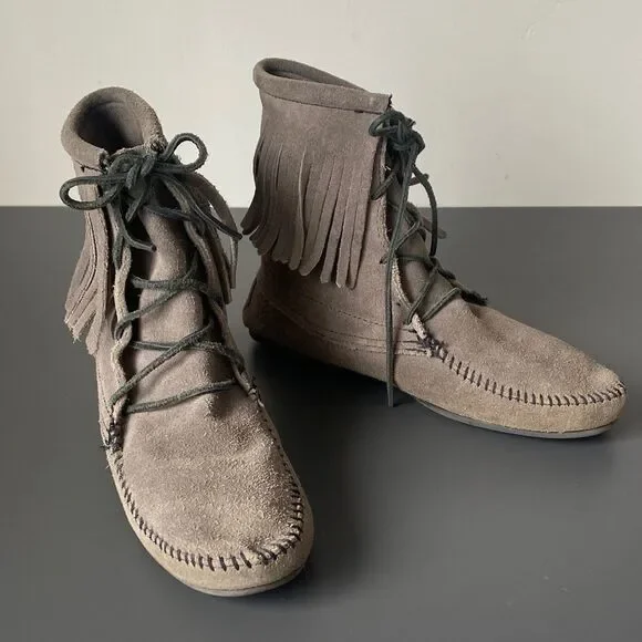 Minnetonka Suede Boot Suede Moccasin Fringe Boots Women 9 Boho Western Renfaire