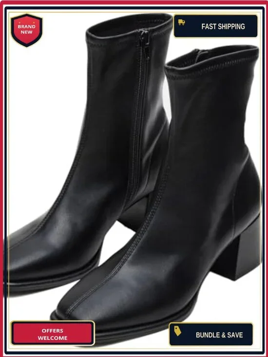Women's Square Toe Ankle Boots Block Heel Comfortable Faux Leather Chunky