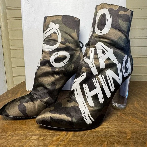 ALDO Oceani Camo Graffiti Clear Heel Ankle Boots Women's US 6 w/ Box