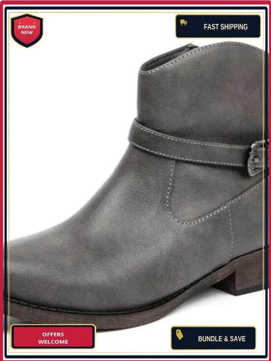 Women's Western Ankle Boots Low Chunky Heel Faux Leather Zipper Side