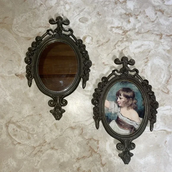 Pair Of‎ Vintage Ornate Metal Oval Picture Frames With Young Child & Mirror