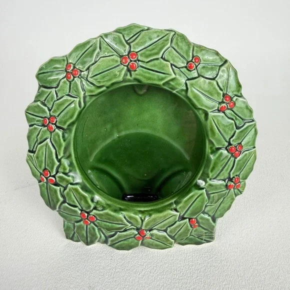 Christmas Picture Frame Holly Wreath Ceramic Vintage Green Red Japan