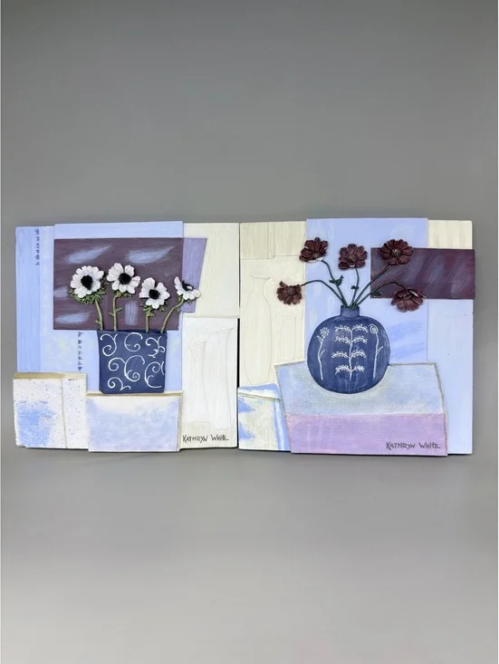 Set of 2 Handmade 3D Mixed Media Floral Wall Art Panels