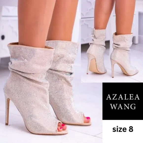 AZALEA WANG Women's Boots On A High Heel Rhinestones Beige Bandes SIZE 8