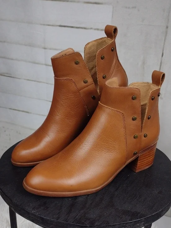 Franco Sarto Cognac Leather Ankle Booties with Stud Accents Size 6.5